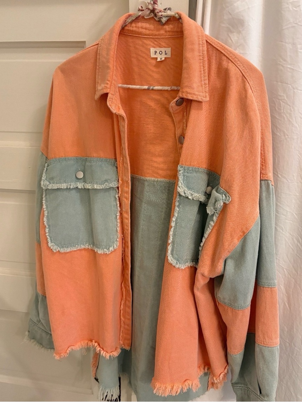 POL Peach and Sage Colorblock Frayed Button-Up Jacket